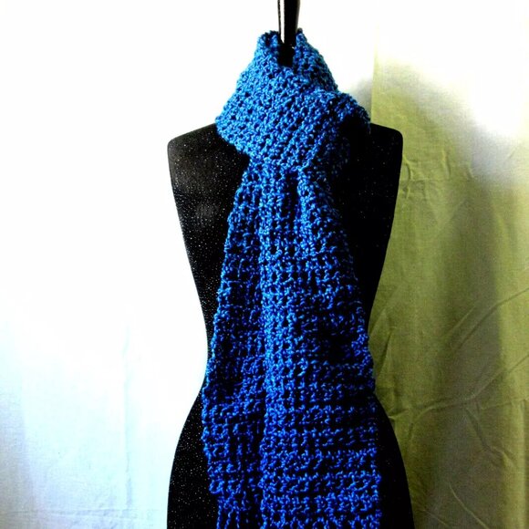 Blue Scarf 93x5 Extra Long Handmade Crochet Hand Knit Football Muffler Birthday - Picture 7 of 9